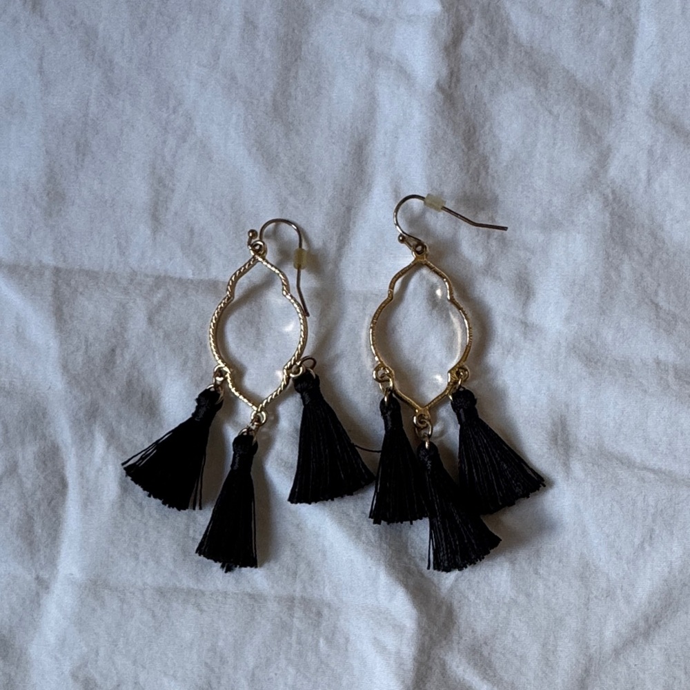 Lulu's Gold Hoop Earrings with Black Tassels